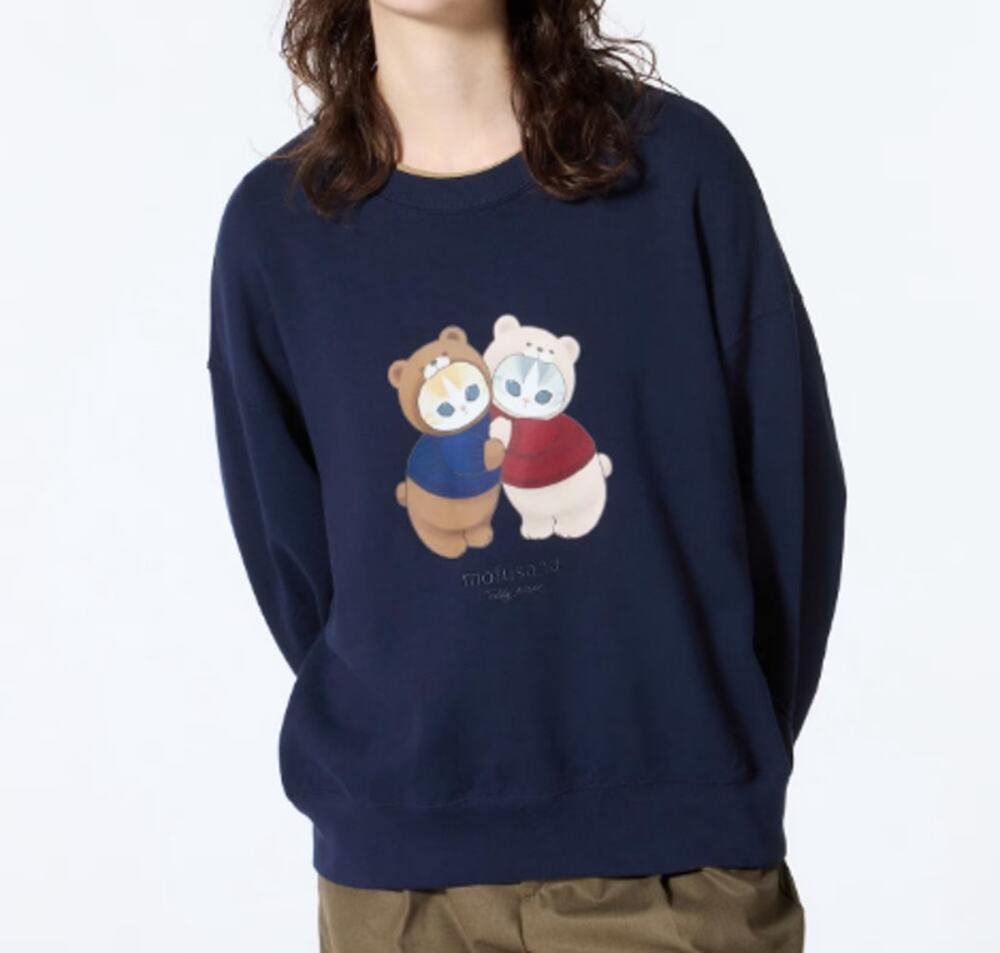 Mofusand x Uniqlo Collab Teddy Meow Printed Embroidered Sweatshirt in Navy XL